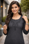 Charcoal Grey Self-Striped Beads Embroidery Kurti