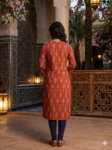 Rust Red Ikat Printed Straight Kurta