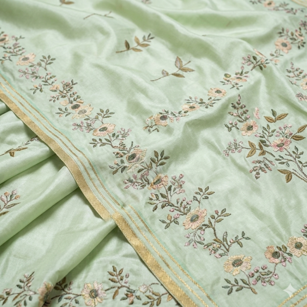 Mint Green Floral Printed Elegant  Tissue Silk Saree