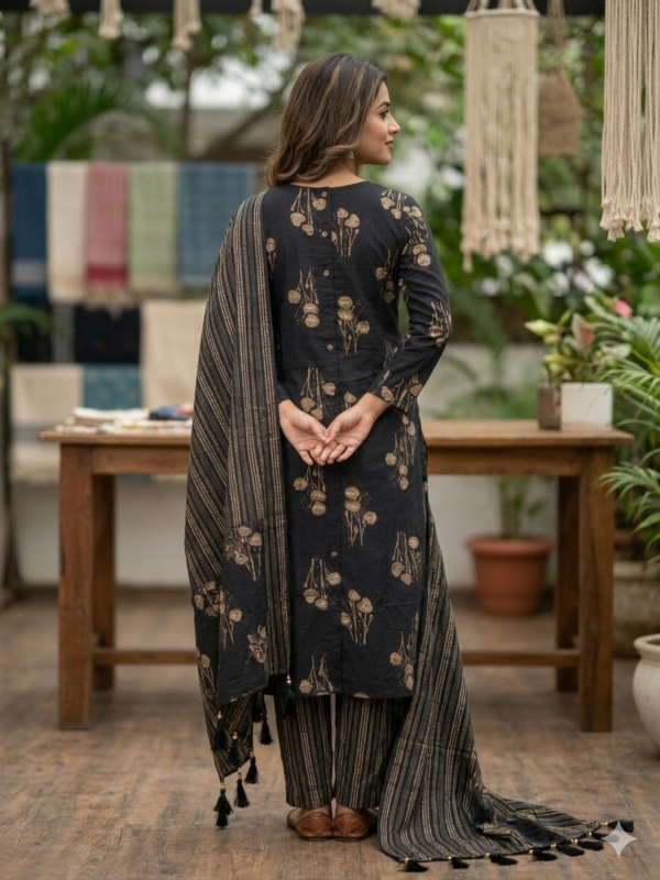 Midnight Bloom Block-Print Cotton Kurta with Striped Stole