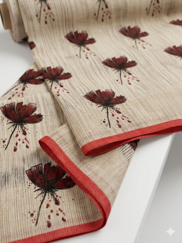 Beige Linen-Blend Saree with Maroon Floral Digital Prints