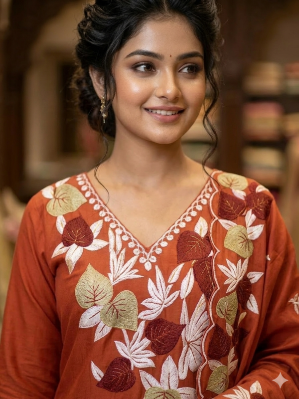 Rust Red Floral Embroidery Kurta Set with Designer Dupatta