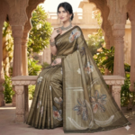 Elegant Brown Floral Tissue Saree