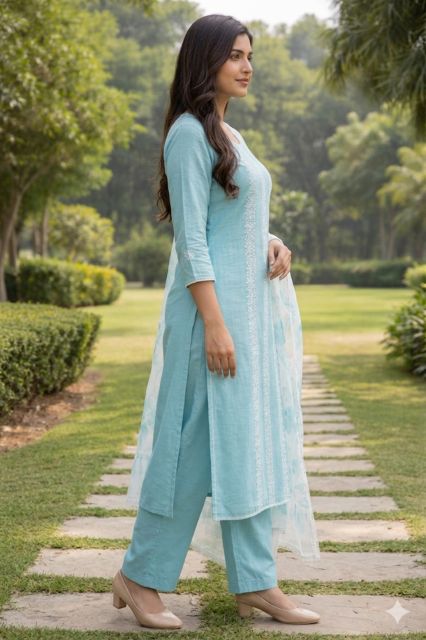 Aqua Blue Thread Embroidery Chudidhar Set with Dupatta
