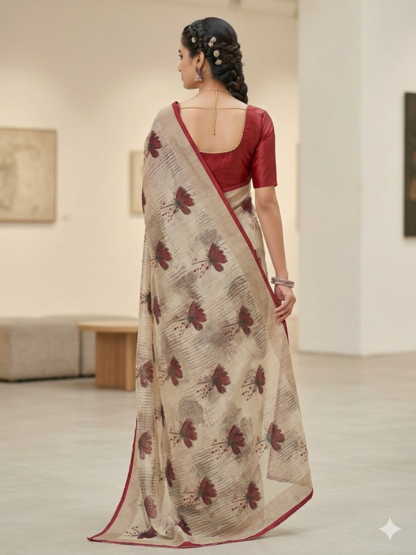 Beige Linen-Blend Saree with Maroon Floral Digital Prints