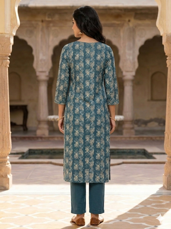 Teal Green Floral Printed Kurta Pant Set