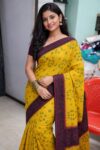 BANDHINI COTTON SAREE WITH YELLOW AND BROWN BORDERS IN A RARE HARMONIOUS FUSION