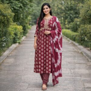 Royal Wine Printed Kurta Set