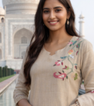 Beige Floral Batik Print With Hand Embroidery Chudidhar Set with Palazzo Hakoba Design