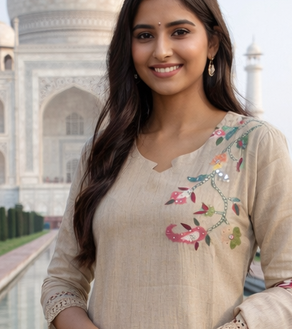 Beige Floral Batik Print With Hand Embroidery Chudidhar Set with Palazzo Hakoba Design