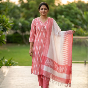 Blush Pink Ikat Printed Chudidhar Set with Dupatta