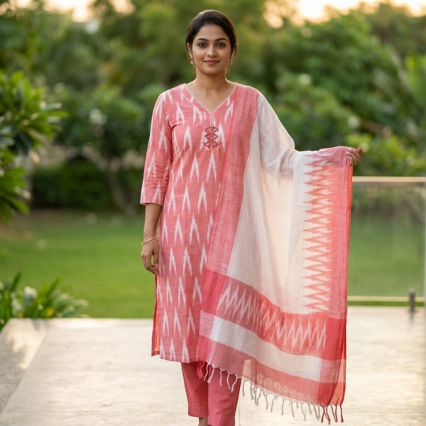 Blush Pink Ikat Printed Chudidhar Set with Dupatta