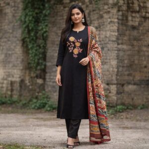 Elegant Black Floral Embroidery Chudidhar Set with Printed Dupatta