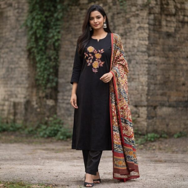 Elegant Black Floral Embroidery Chudidhar Set with Printed Dupatta