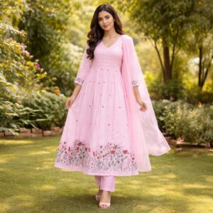 Blush Pink Floral Embroidery Anarkali Kurti Set