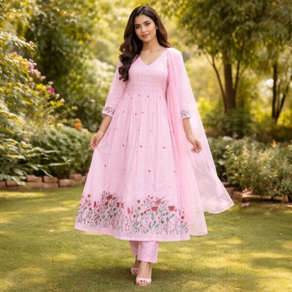 Blush Pink Floral Embroidery Anarkali Kurti Set