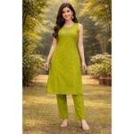 Olive Green A-Line Kurti Pant Set with Embroidered Yoke