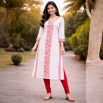 Elegant White & Pink Embroidered Straight Kurti