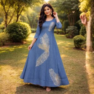 Elegant Blue Feather Print Anarkali Kurti