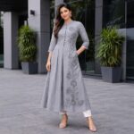 Elegant Grey Floral Embroidered A-Line Kurti