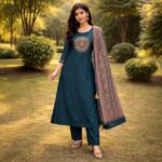 Teal Blue Mandala Embroidery With Mirror Work Chudidhar Set with Ethnic Dupatta