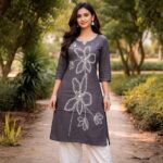 Elegant Grey Floral Embroidered Kurti
