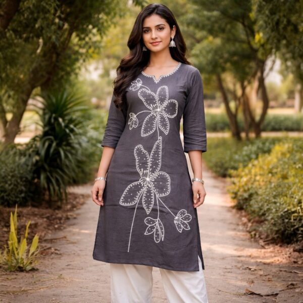 Elegant Grey Floral Embroidered Kurti