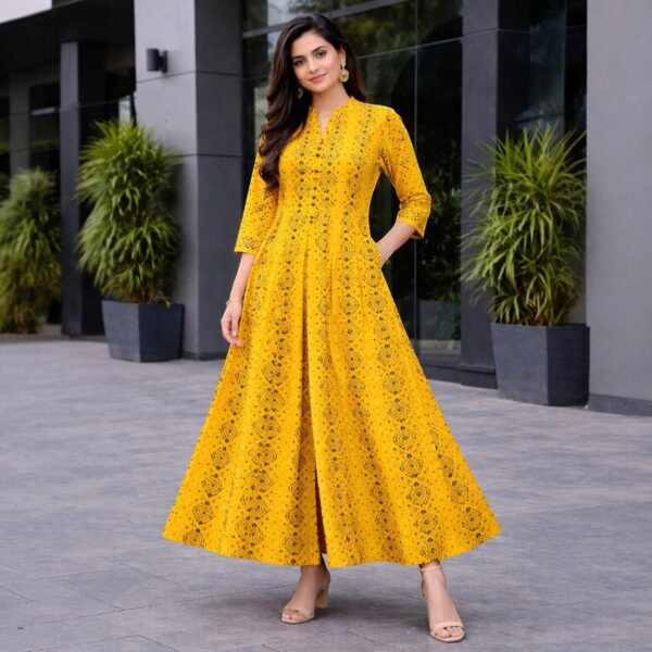 Radiant Mustard Printed Anarkali Kurti