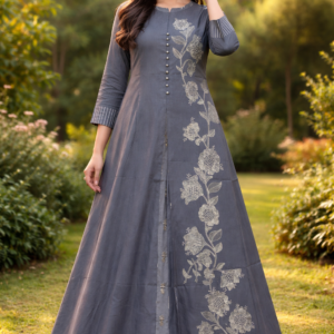 Elegant Grey Floral Printed Anarkali Kurta