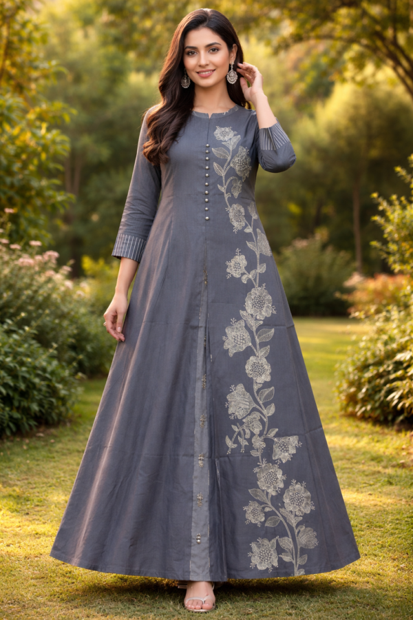 Elegant Grey Floral Printed Anarkali Kurta