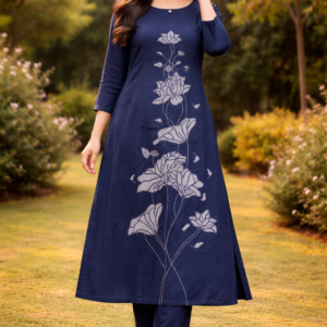 Midnight Blue Floral Embroidery Straight Kurti