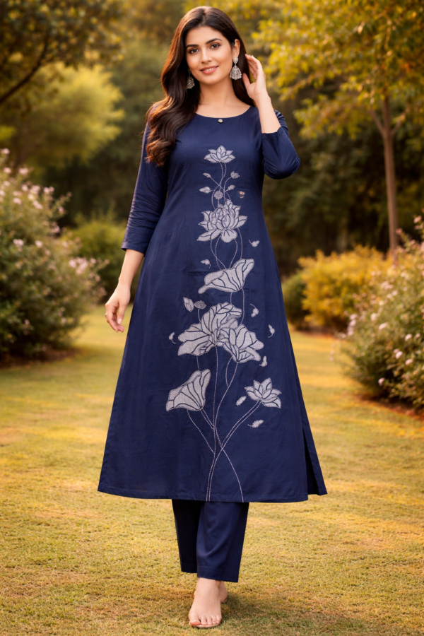 Midnight Blue Floral Embroidery Straight Kurti