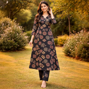 Black Ajrakh Inspired Printed Kurta Set