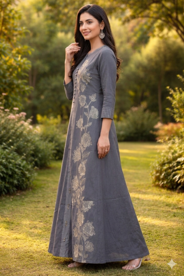 Elegant Grey Floral Printed Anarkali Kurta
