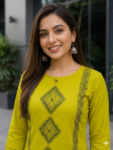 Lime Green Geometric Diamond Printed Straight Kurti