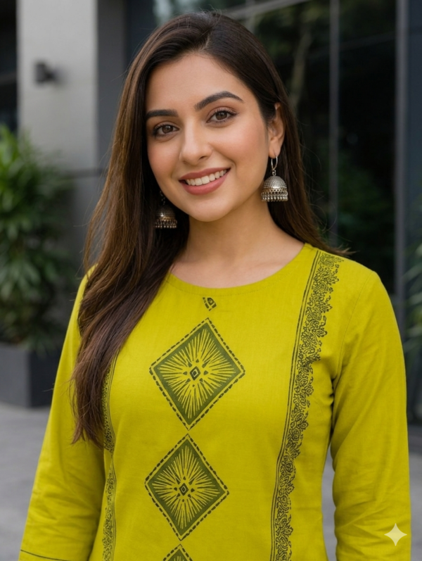 Lime Green Geometric Diamond Printed Straight Kurti