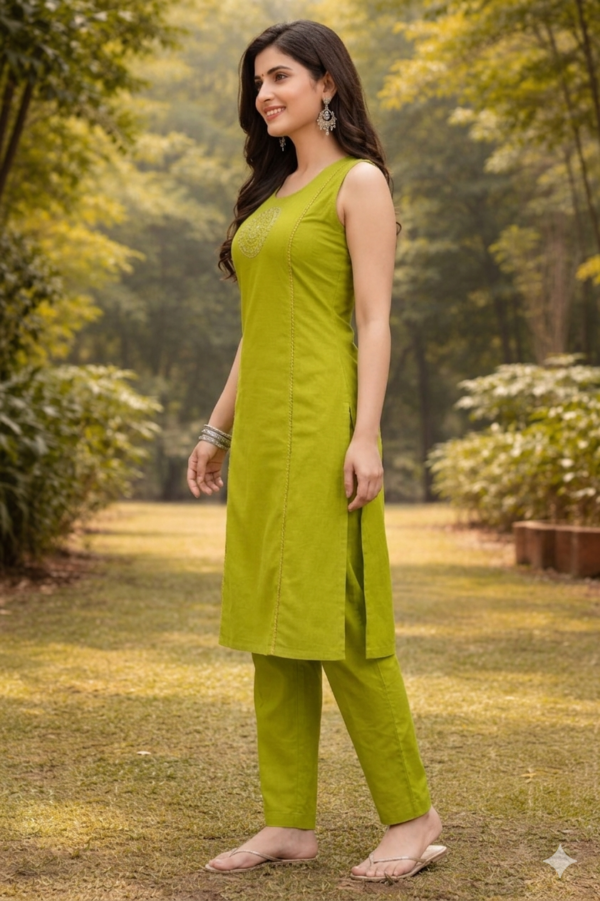 Olive Green A-Line Kurti Pant Set with Embroidered Yoke
