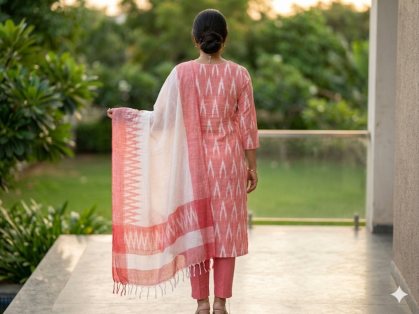 Blush Pink Ikat Printed Chudidhar Set with Dupatta