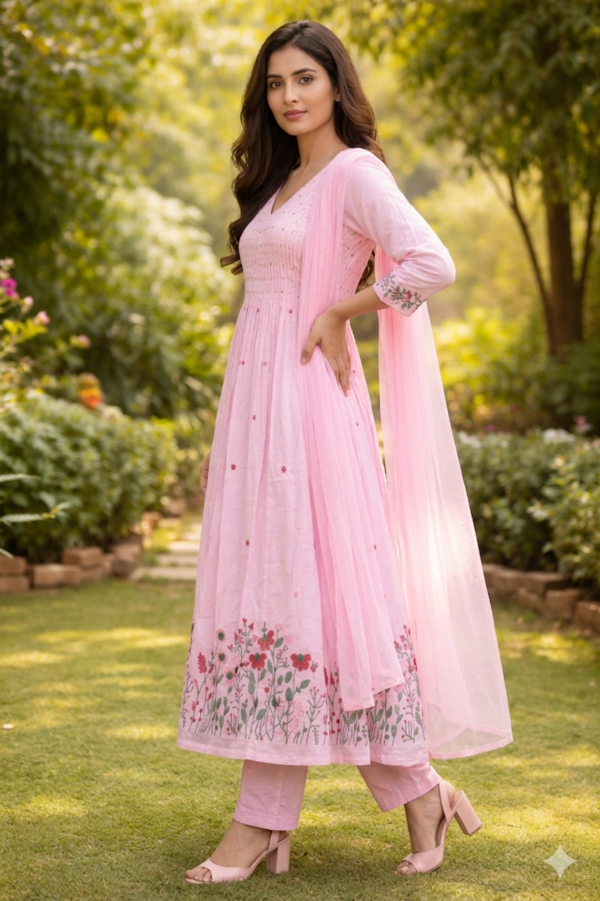 Blush Pink Floral Embroidery Anarkali Kurti Set
