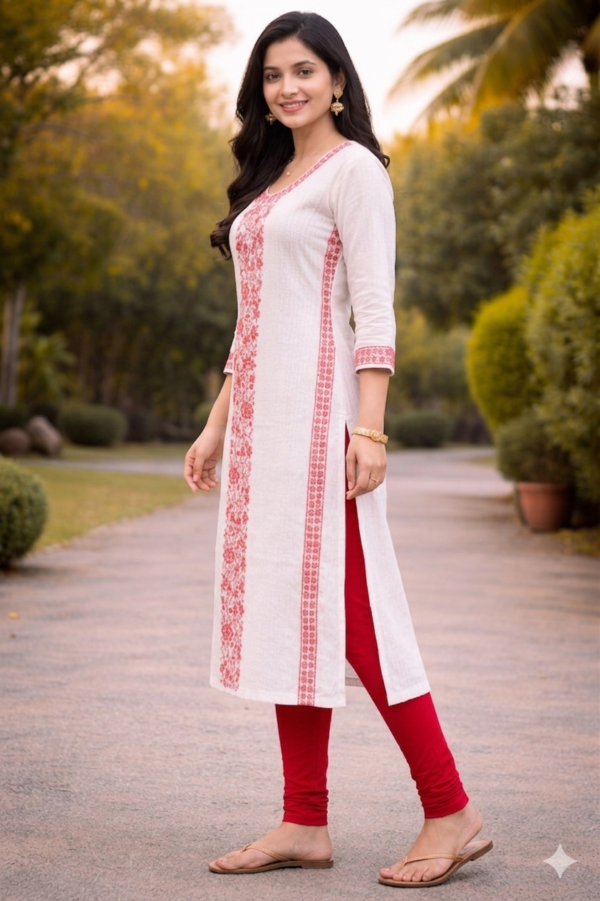 Elegant White & Pink Embroidered Straight Kurti