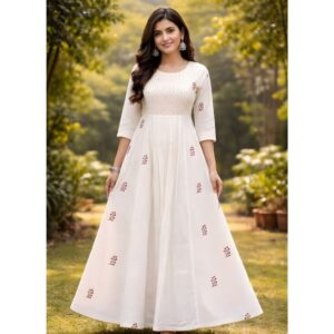 Half White Floral Embroidered Anarkali Maxi Dress